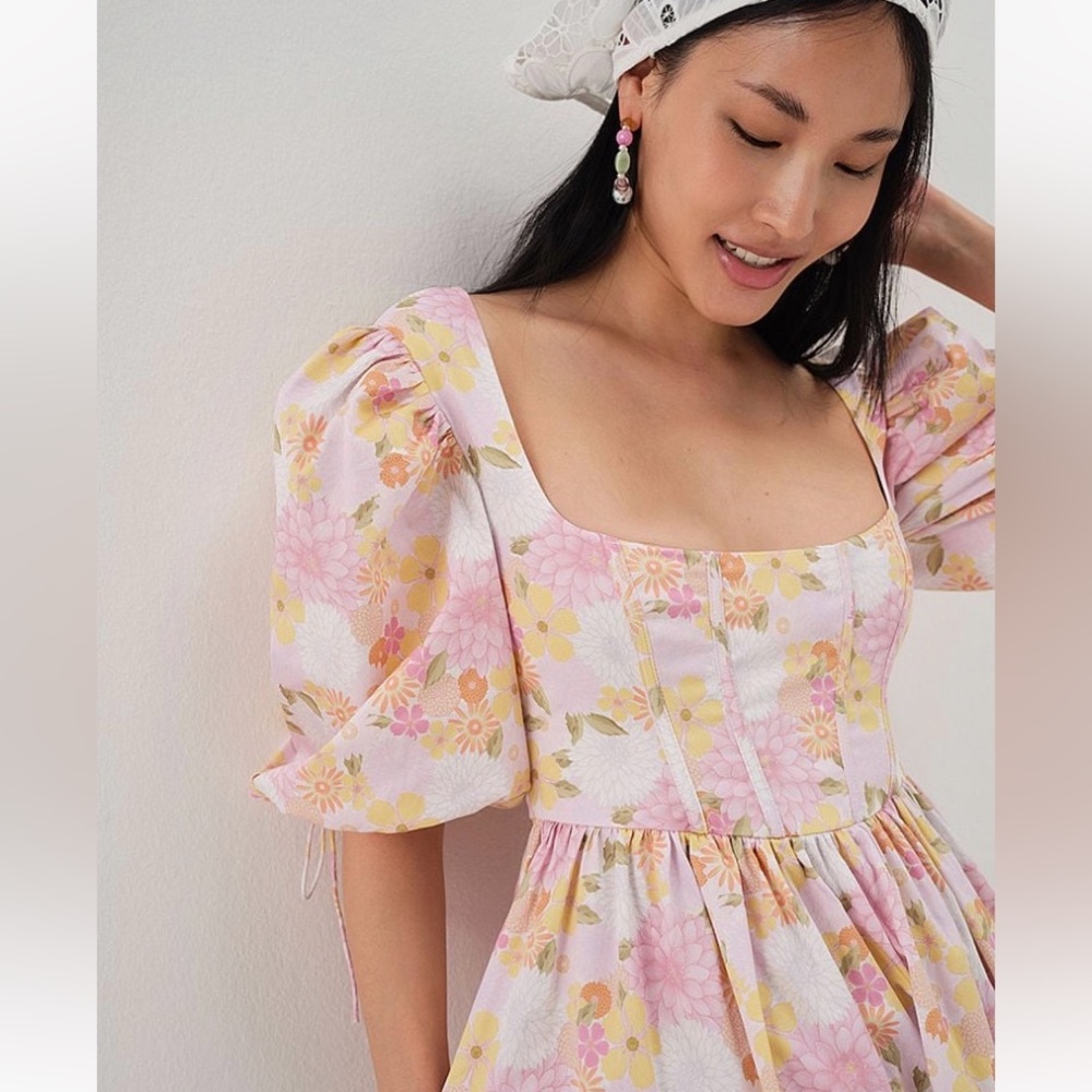 For Love & Lemons Puff Sleeve Floral Flirty Coastal Midi Dress Wo…